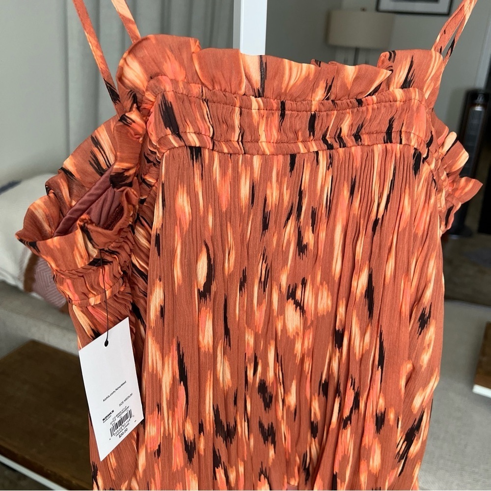 NINE WEST M RUST ORANGE BLACK IKAT LEOPARD PLEAT SMOCKED RUFFLE TANK TOP NWT - Picture 10 of 14